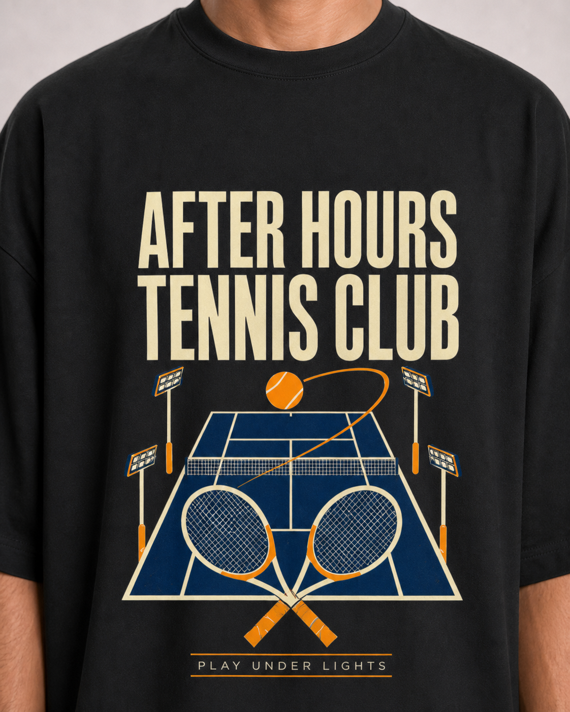 After Hours Tennis Club Black DTF print close-up