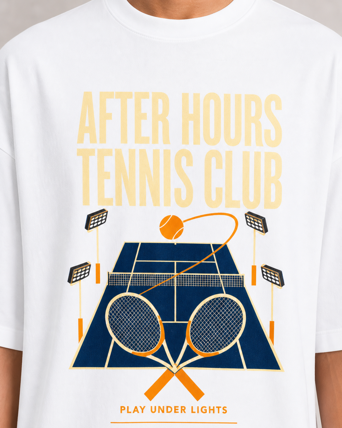 After Hours Tennis Club White DTF print close-up