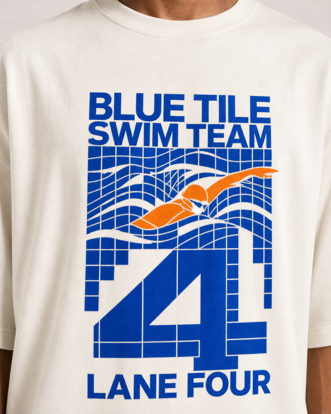 Blue Tile Swim Team Off White DTF print close-up