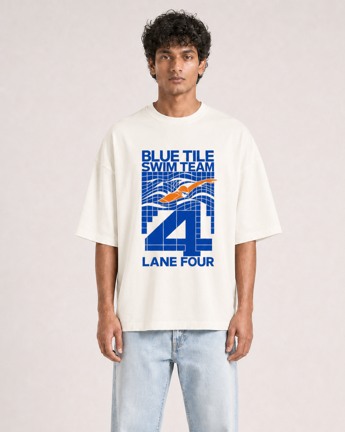 Blue Tile Swim Team Off White model front detail