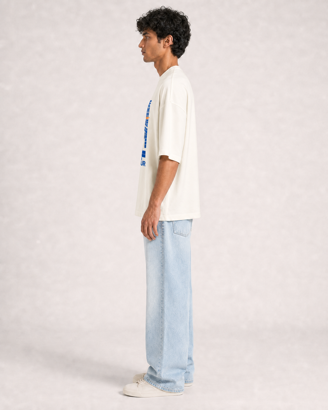 Blue Tile Swim Team Off White model side fit