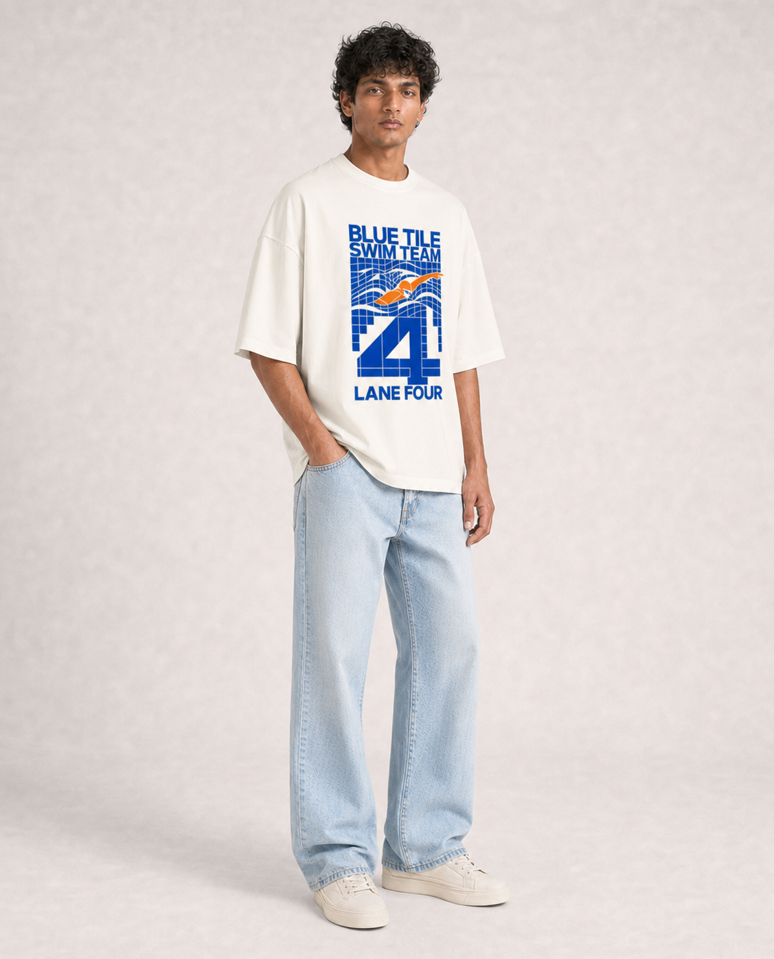 Blue Tile Swim Team Off White model three-quarter front