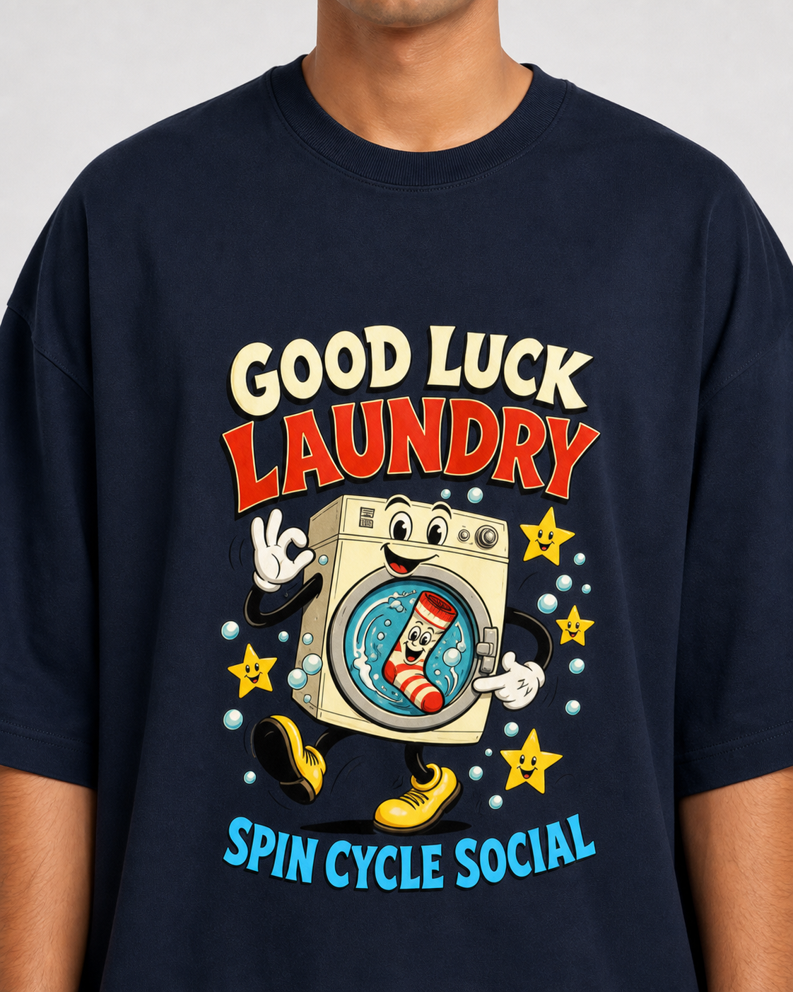 Good Luck Laundry Navy Blue DTF print close-up