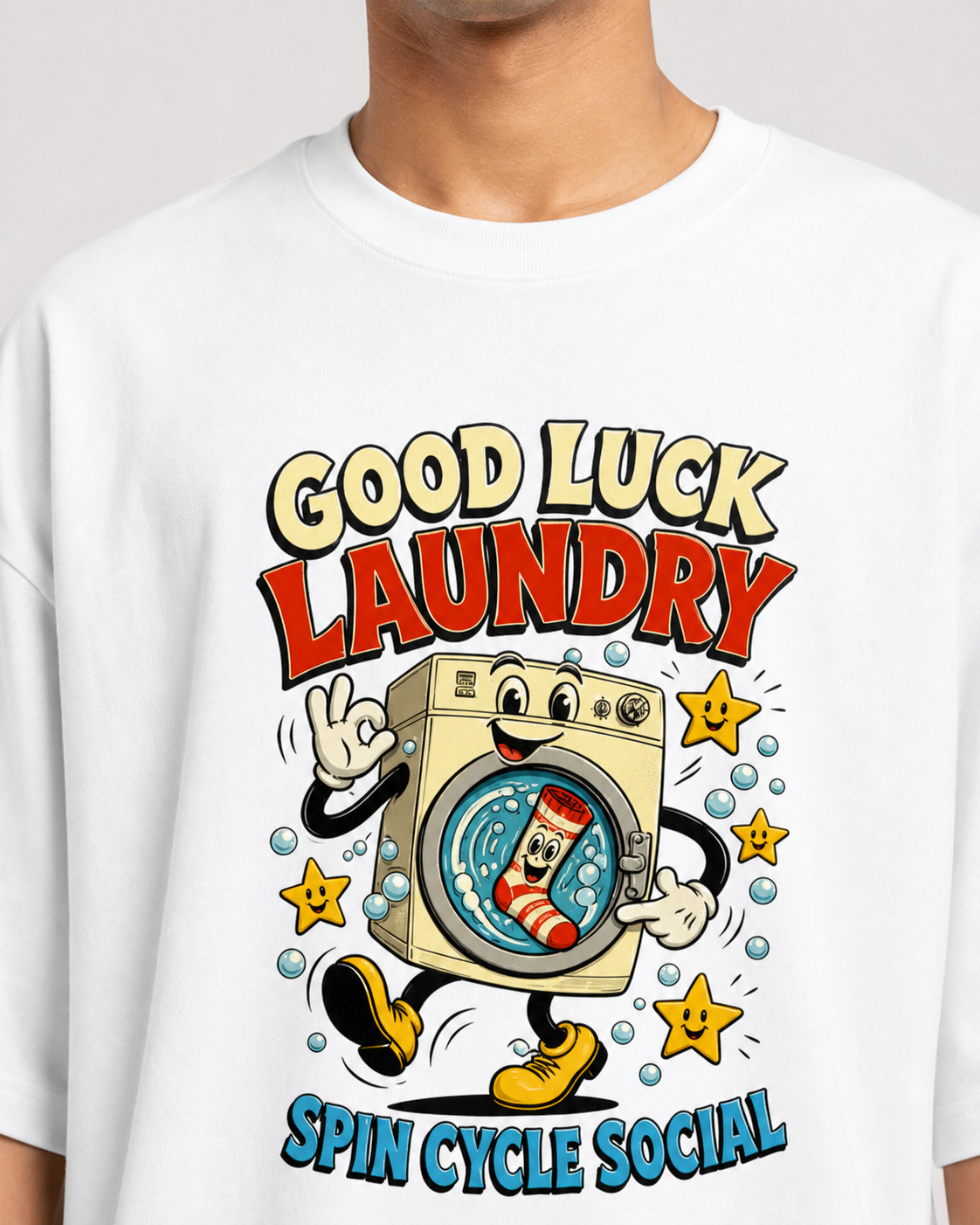 Good Luck Laundry White DTF print close-up