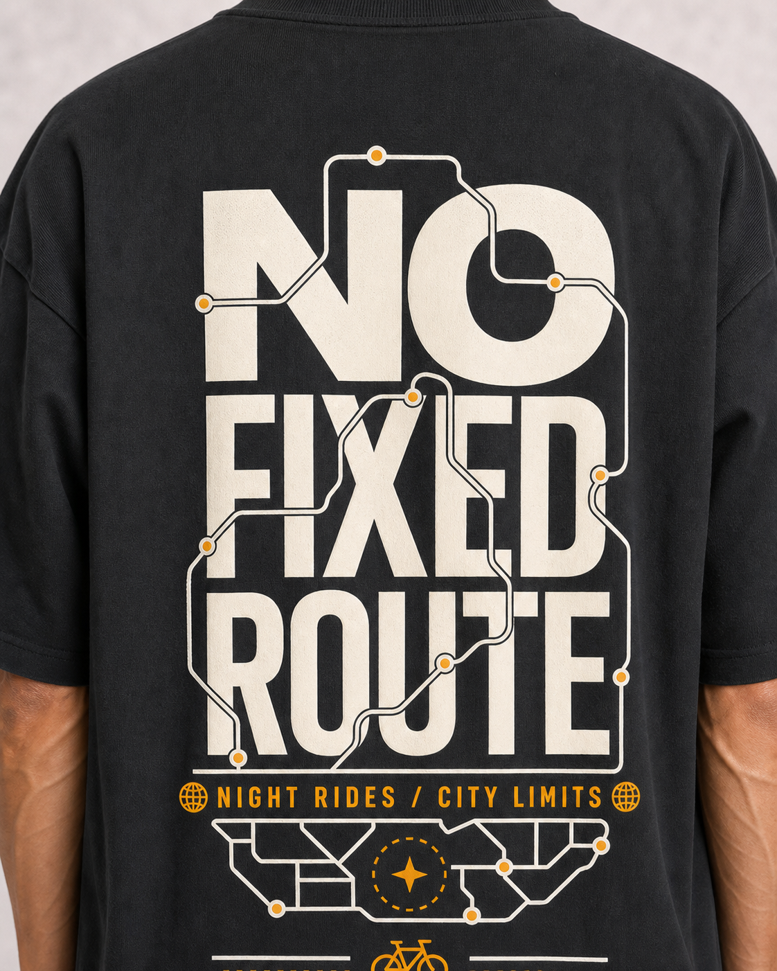 No Fixed Route Black back print close-up