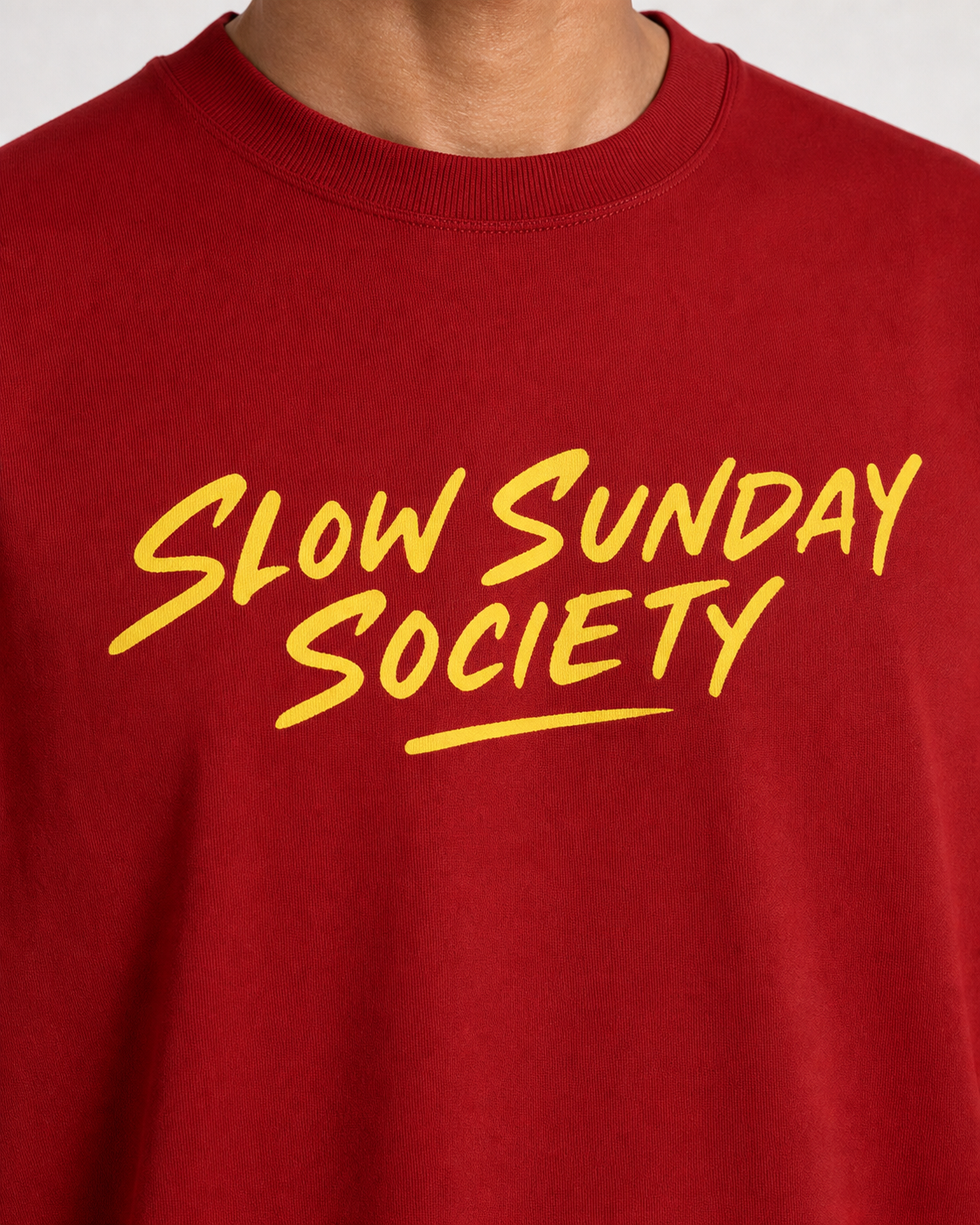 Slow Sunday Society Red DTF print close-up