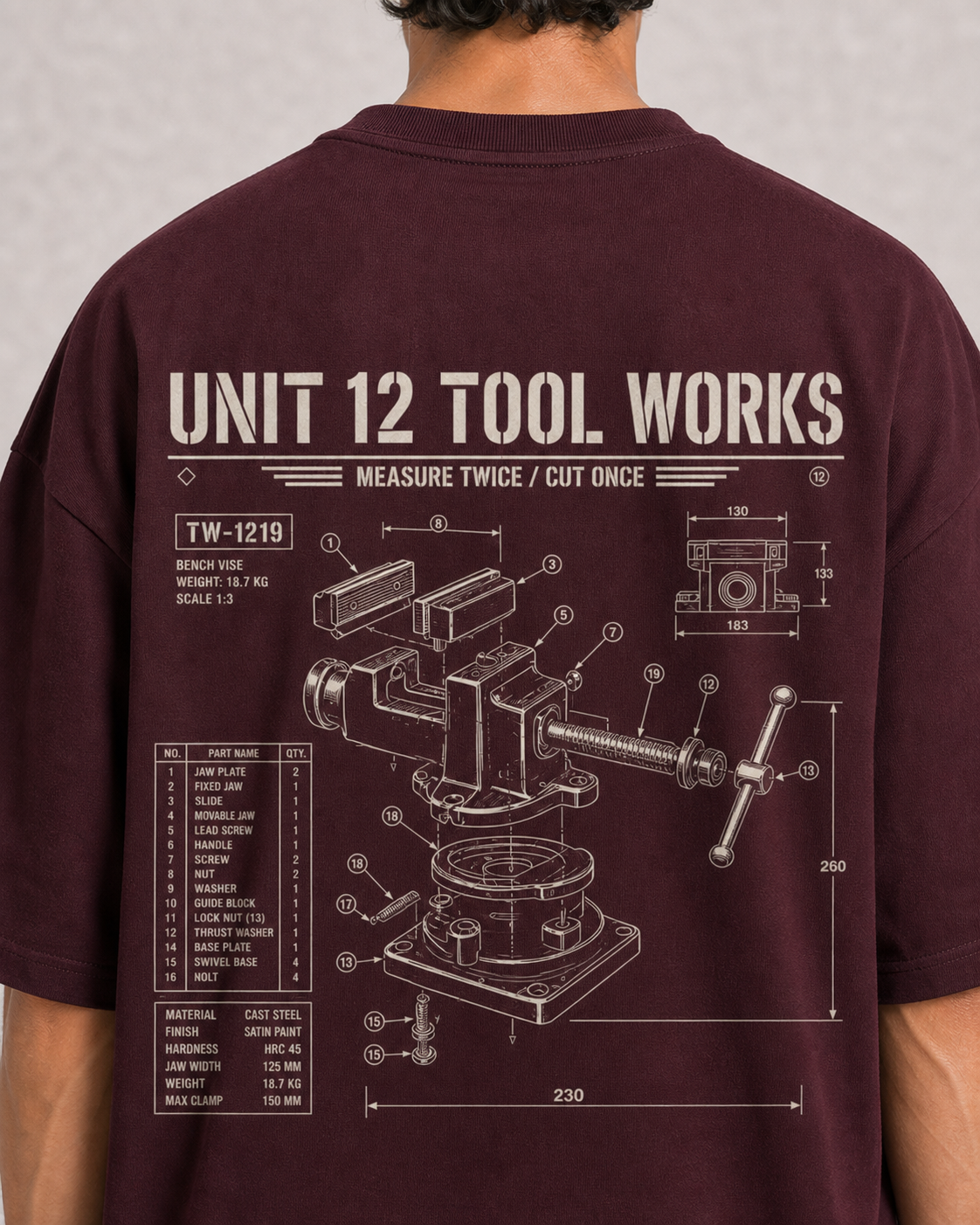 Unit 12 Tool Works Maroon back print close-up