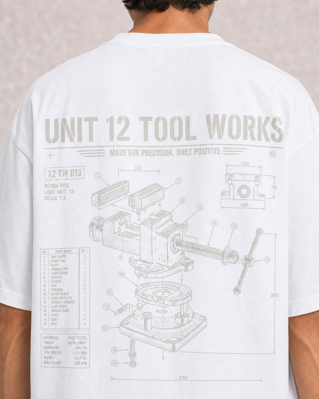 Unit 12 Tool Works White back print close-up