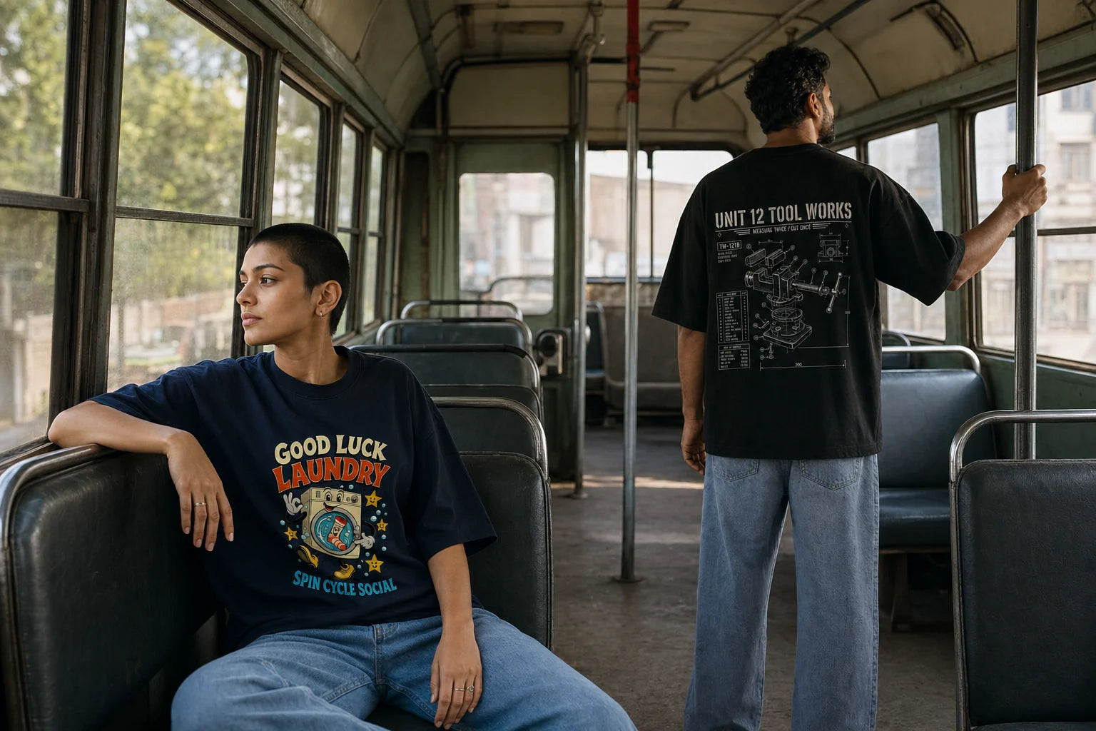 Two models wearing Made Loose tees inside a quiet city bus