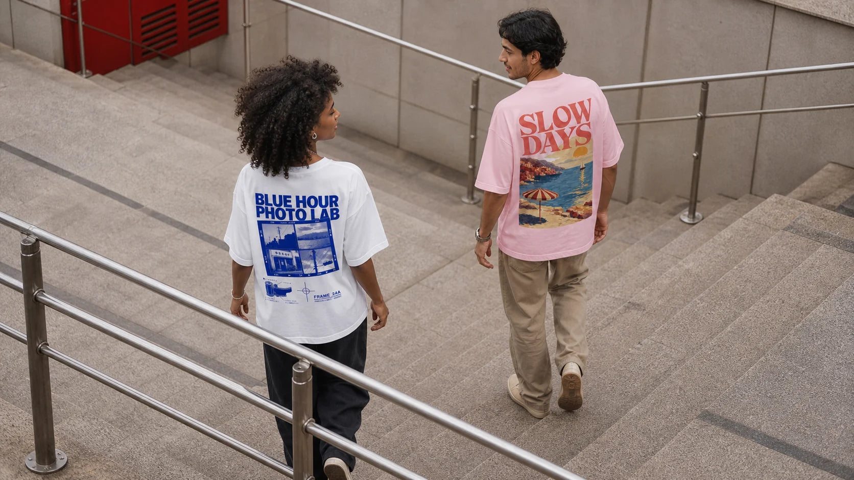 Two models in different Made Loose graphic tees crossing on a public stair