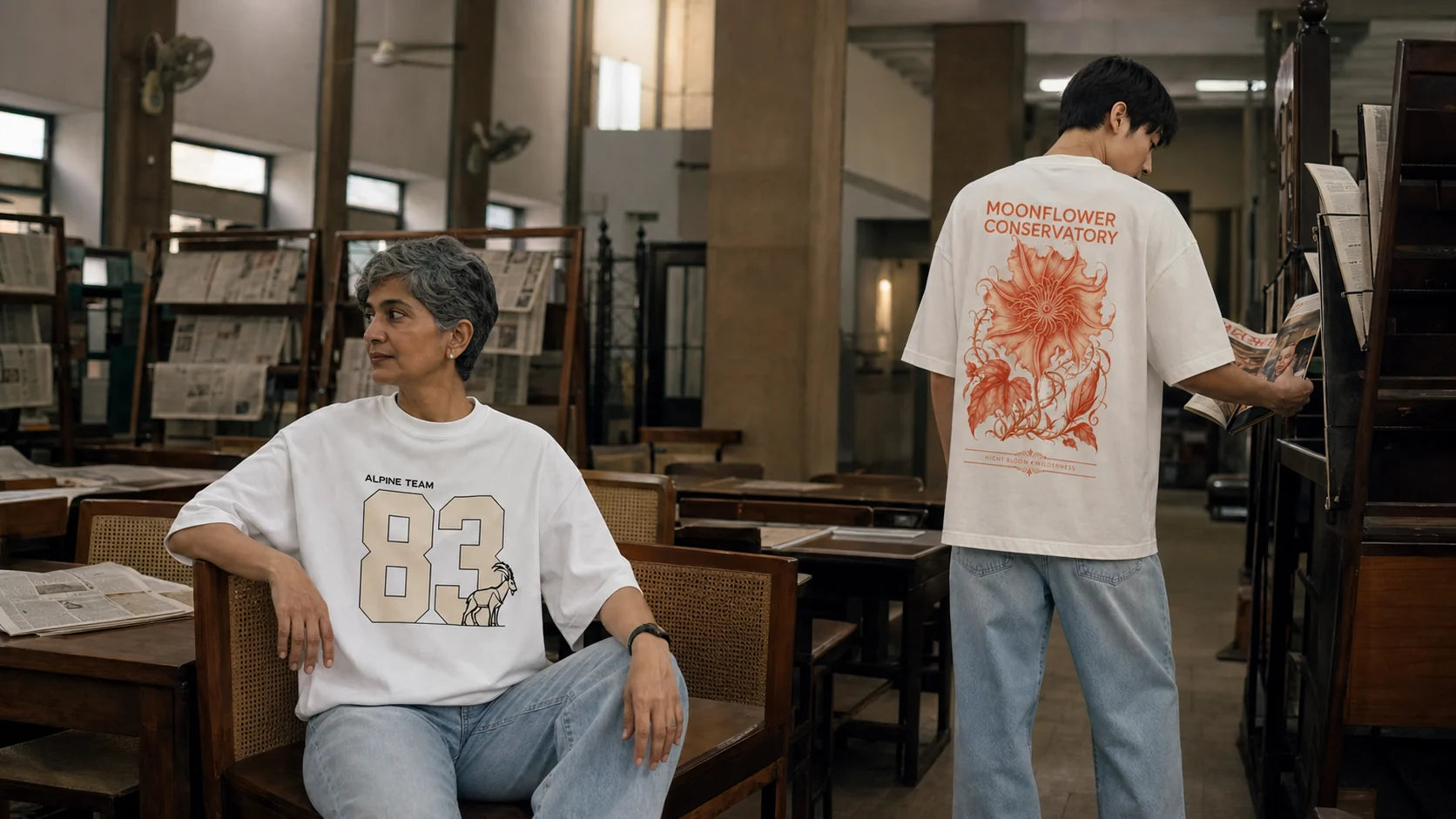 Two models wearing Made Loose oversized tees in a municipal reading room